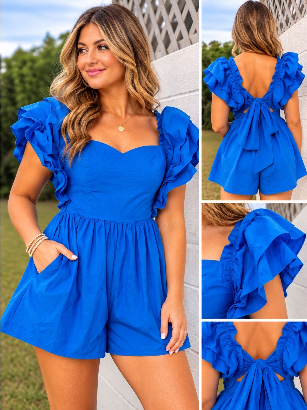 Idem Ditto Royal Blue Ruffle Sleeve Tie Back Romper Size M